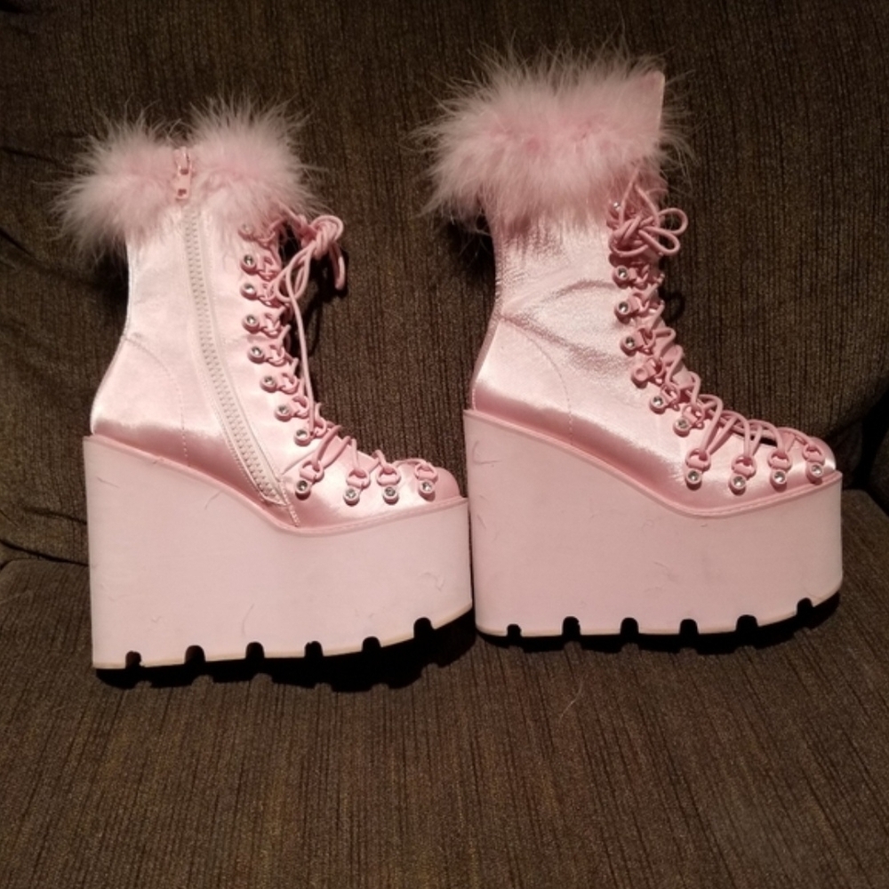 Pink Platform Lace-Up Boots with Fur Trim